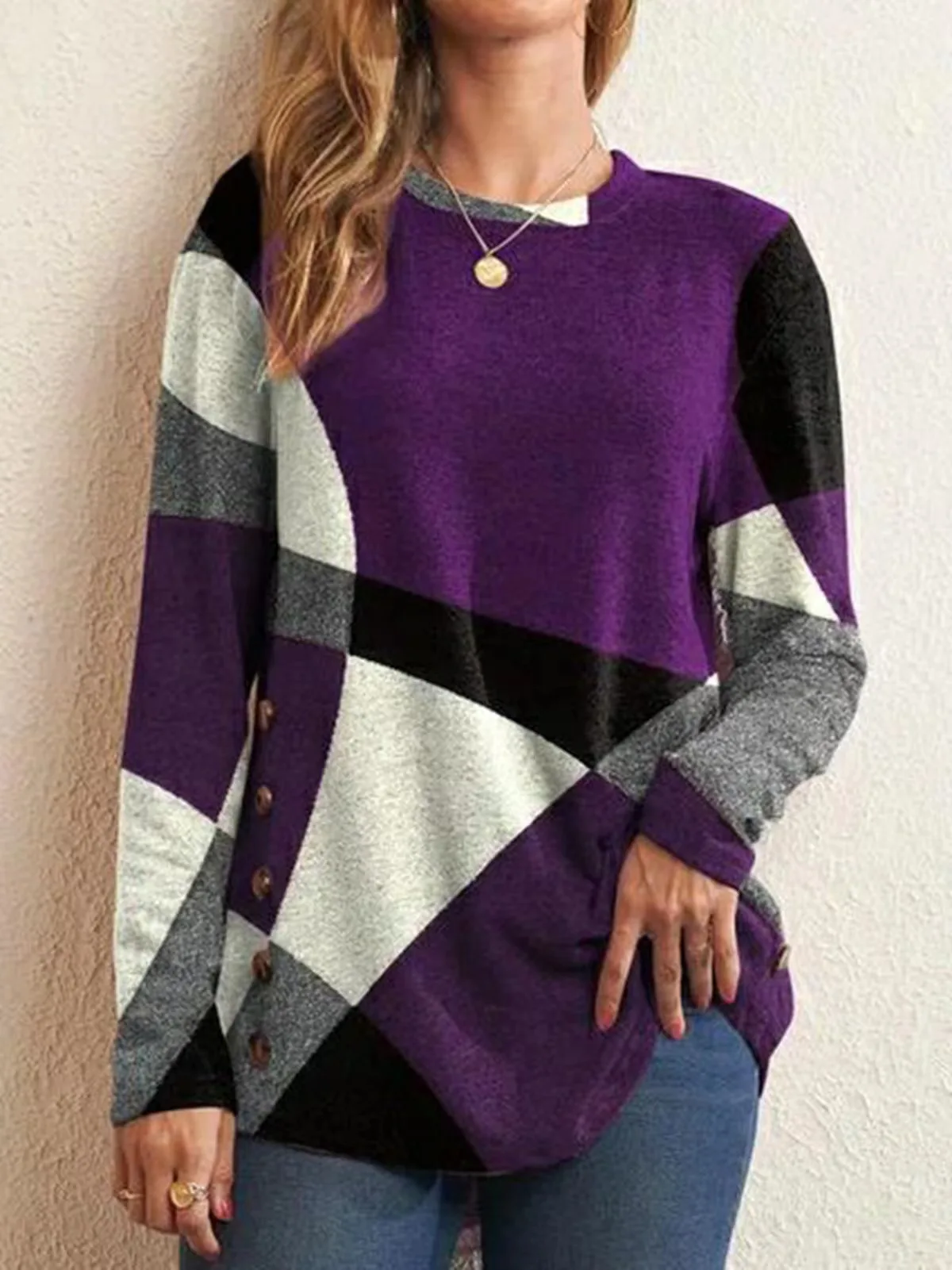 Casual Women's Contrast Color Long Sleeve Sweatshirt Round Neck Top Side Button Splicing Comfortable Autumn Winter Loose Tops