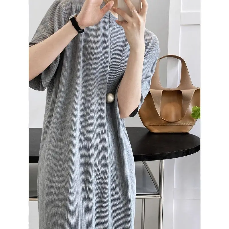 Pleated Screw Thread Summer Women Tshirt Dress Large Size Casual Over the Knee Solid Color Office Lady Comfortable Midi Dress