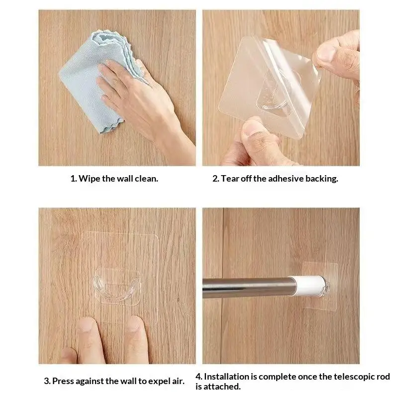 No Drill Transparent Self Adhesive Curtain Rod Brackets Heavy Load Wall Mount Holder For Bathroom Bedroom Home Window Decor view 4