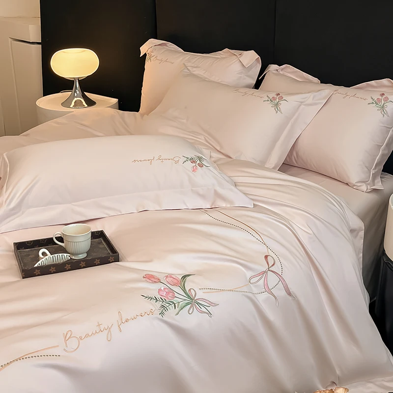 

4pcs Light Luxury High-Sense 160 Count Long Stile Cotton Embroidered Bedding Duvet Cover 200x230 220x240 Four Seasons