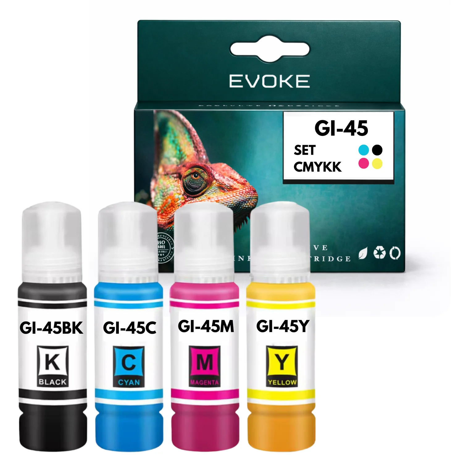 Evoke Compatibele Inkt voor Canon Gi-45 Gi45 4X Cmyk: Zwart, Cyaan, Magenta, Geel 280 ml Maxify Gx1010 Gx1020 Gx1030 Gx1040 Gx1050 Gx1070 Gx1080 Gx1090 Gx2010 Gx2020 Gx2030 Gx2040 Gx2050 Gx2070 Gx2080