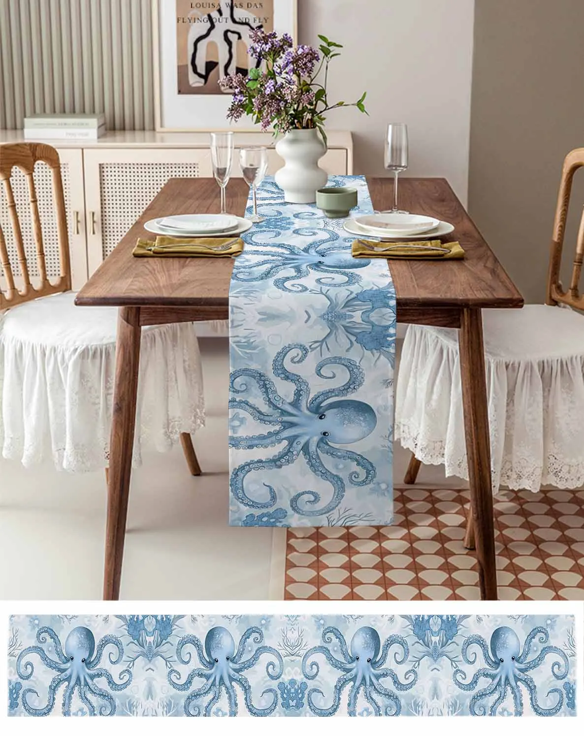 

Vintage Octopus Coral Linen Cotton Table Cloth Decoration For Home Wedding Christmas Party