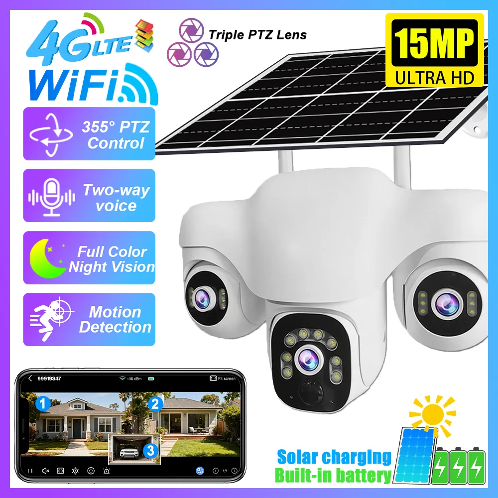 V380 Solar IP Camera Outdoor Wireless WiFi/4G 15MP 3 PTZ Lens Human Detection Security Surveillance Waterproof IP66 CCTV Camera