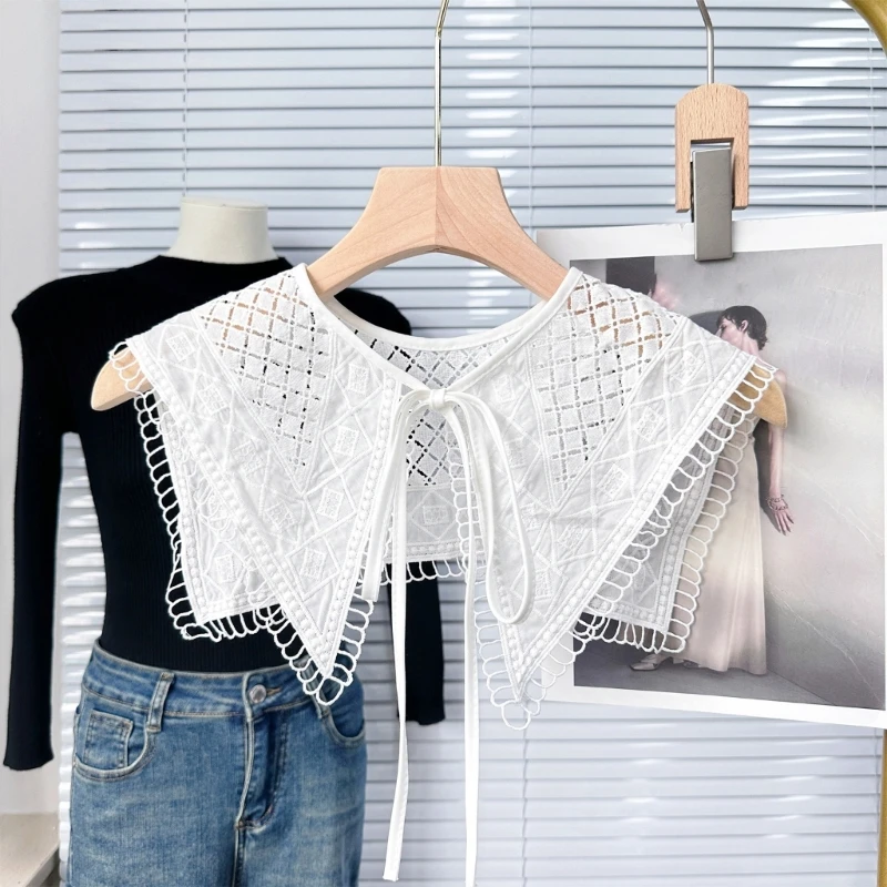 

Women Lightweight Detachable False Collar Shawl Scarf Hollow Out Embroidery Diamond Neckline Lace Trim Bows Capelet