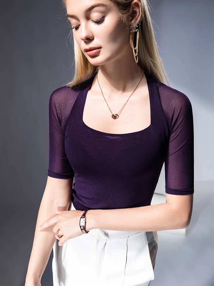 Summer Elegant Square Collar Half Sleeve Tulle Top Women's Fashion Sexy Slim Fit Elastic Mesh Shirt Casual Commute Style