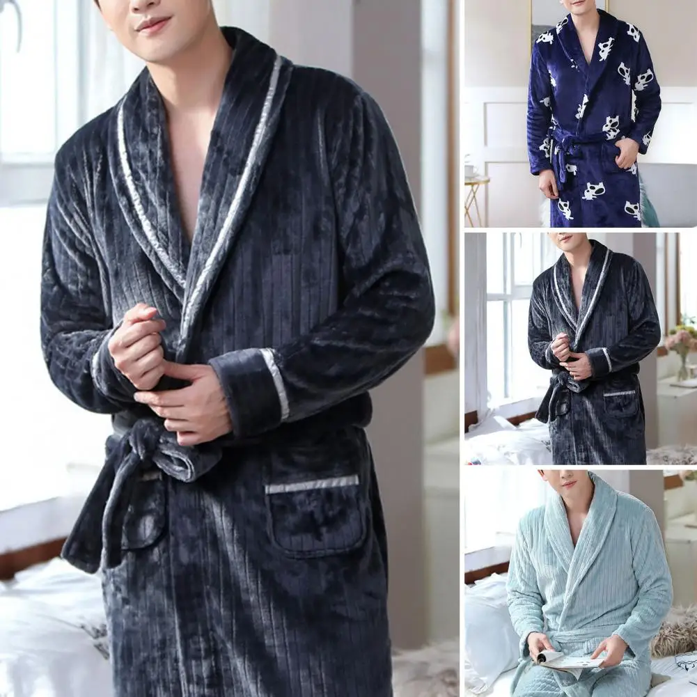 Men Winter Nightgown Thick Plush Print Unisex Coral Fleece Great Water Long Sleeve Tie Waist Pockets Women Men Robe Bathrobe