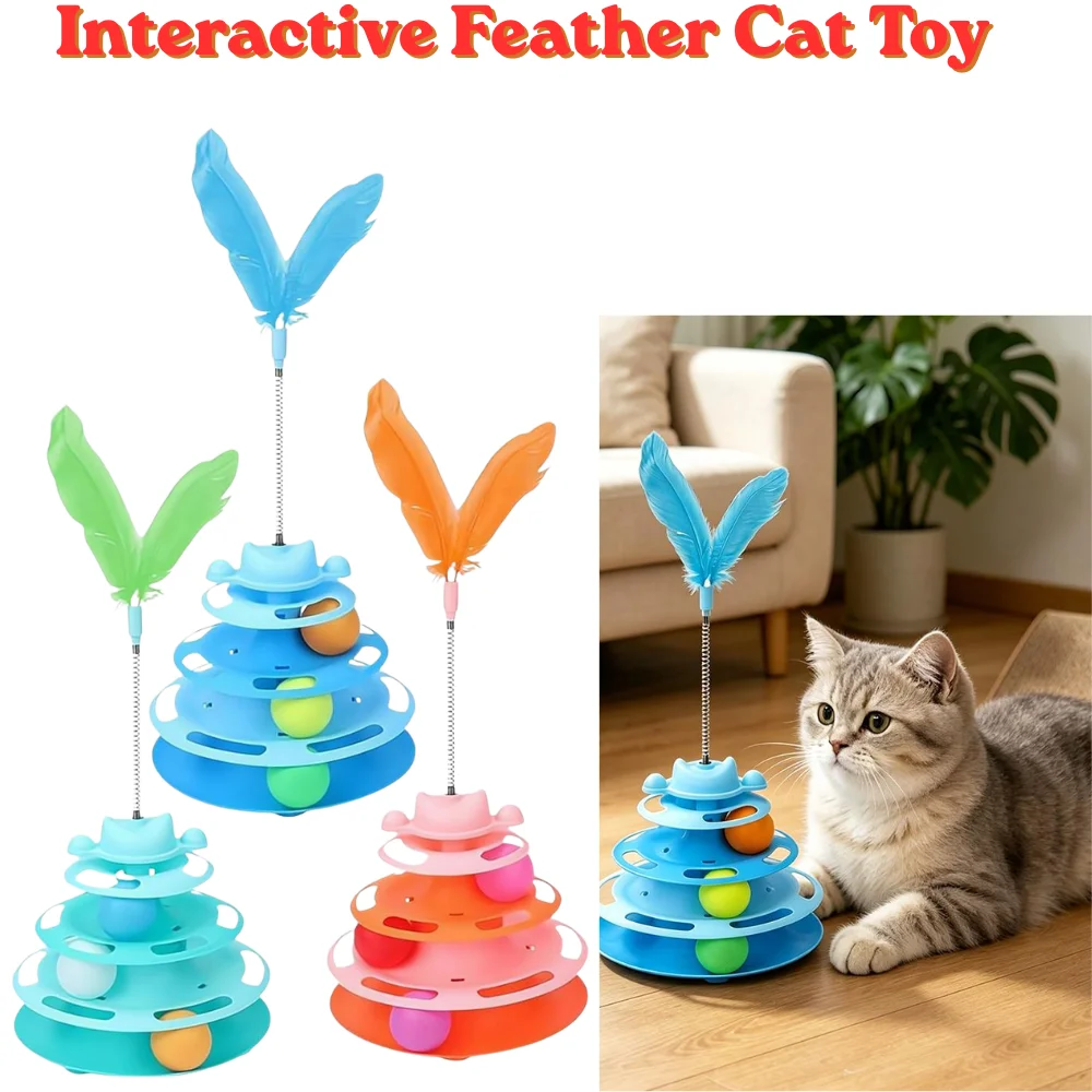Interactive Feather Rotating Tower Cat Toy Three-Layer Design Indoor Fun Play Accessories Christmas New Year Pet Gift