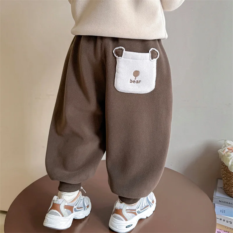 

Новые зимние детские штаны-джоггеры для маленьких девочек с вышивкой медведя плюс флисовые теплые шаровары для маленьких девочек плюшевые штаны для маленьких девочек на открытом воздухе