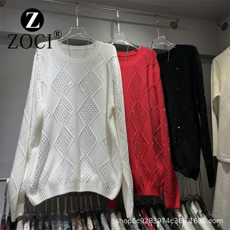 [ZOCI] New Diamond Set Knitted Hoodie Women Style Round Neck Jacquard Design Long Sleeve Sweater