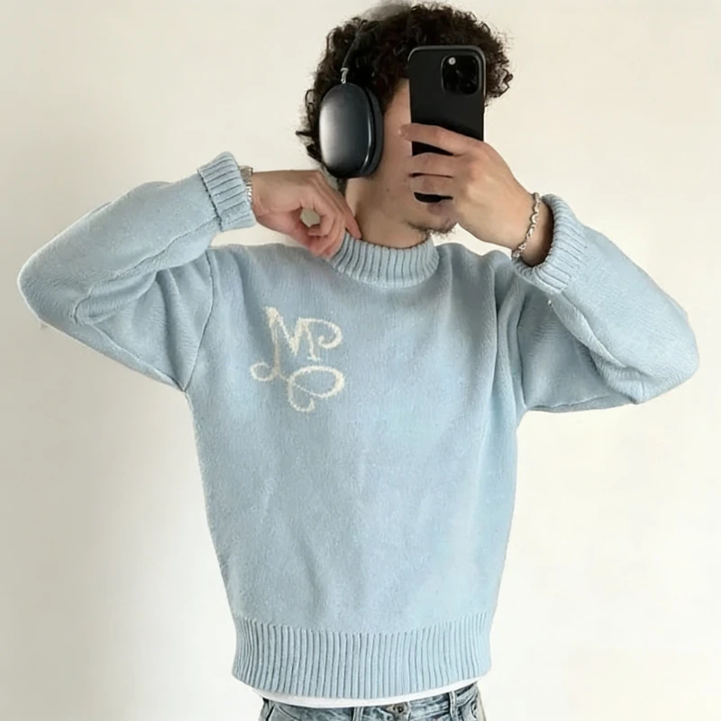 

Мужской свитер Harajuku Y2K, уличный стиль, с жаккардовым узором и надписями, свободный крой, повседневный, модный дизайн, унисекс, новый тренд