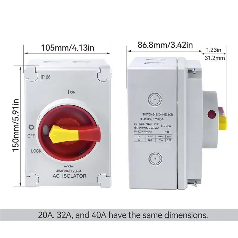 FLYY-IP66 Wasserdichter 32A 4-poliger Trennschalter 800V AC, Drehgriff, geeignet für industrielle, gewerbliche und private Nutzung. – Detail 5