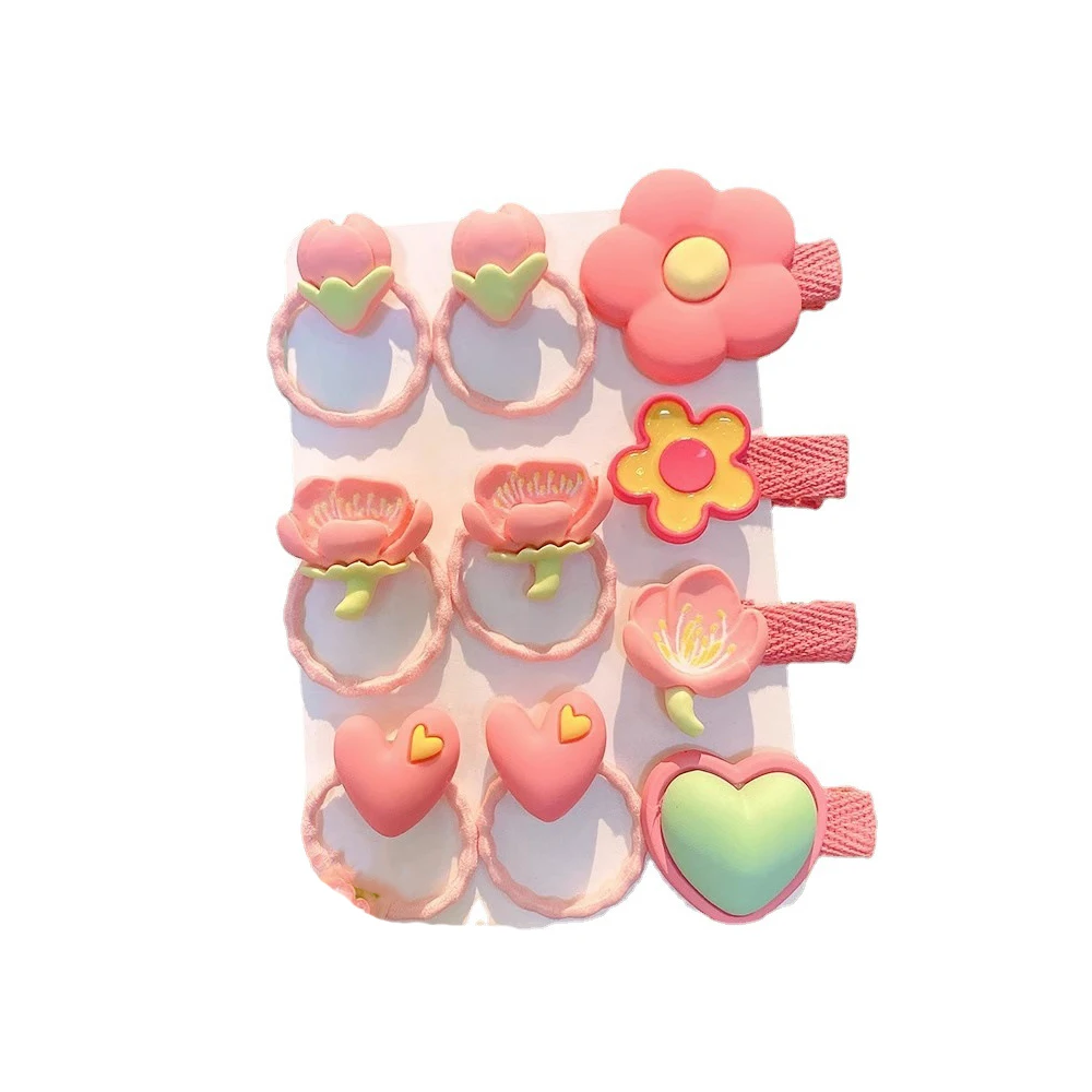 10pcs/set Children\'s Cute Cartoon Hair Accessories Side Barrettes Little Girls\' Elastic Bands Hair Rings Baby Hairpins Combinati