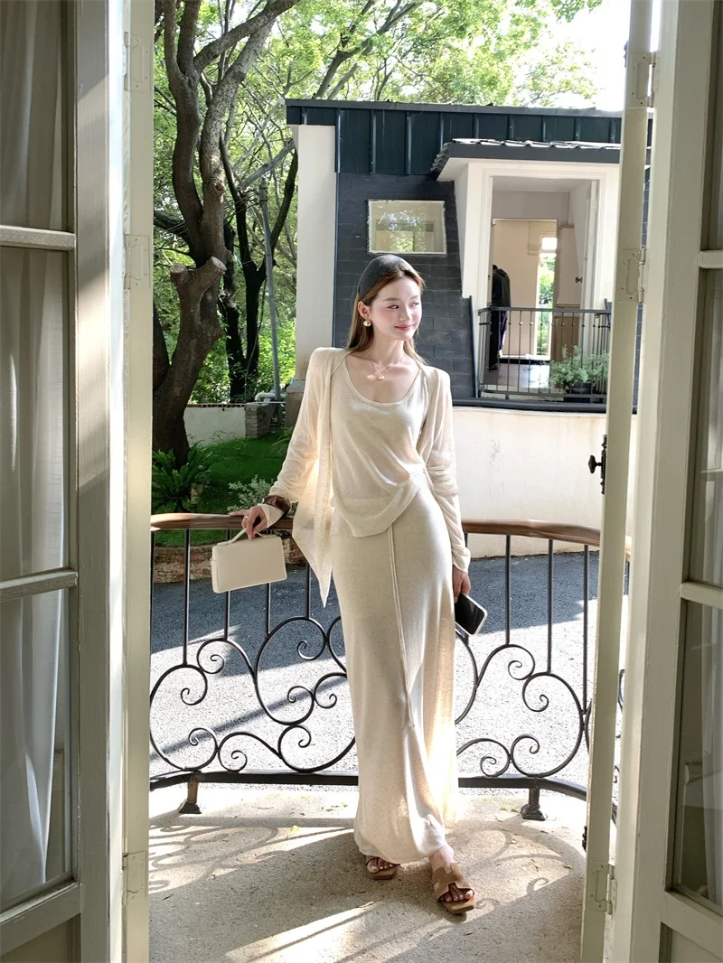 

Простой тонкий кардиган с длинными рукавами, топ-жилет, женская летняя юбка с завышенной талией, комплект из трех предметов в повседневном стиле