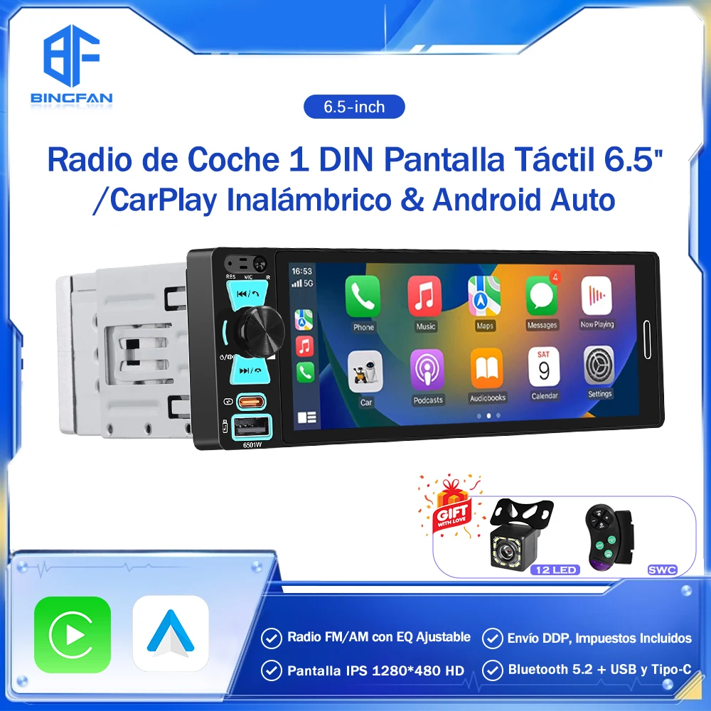 1din Universal Car Radio Android Auto CarPlay  Wireless Touch Screen FM/AM Car Stereo Mp5 Multimedia Player TF Port Camera
