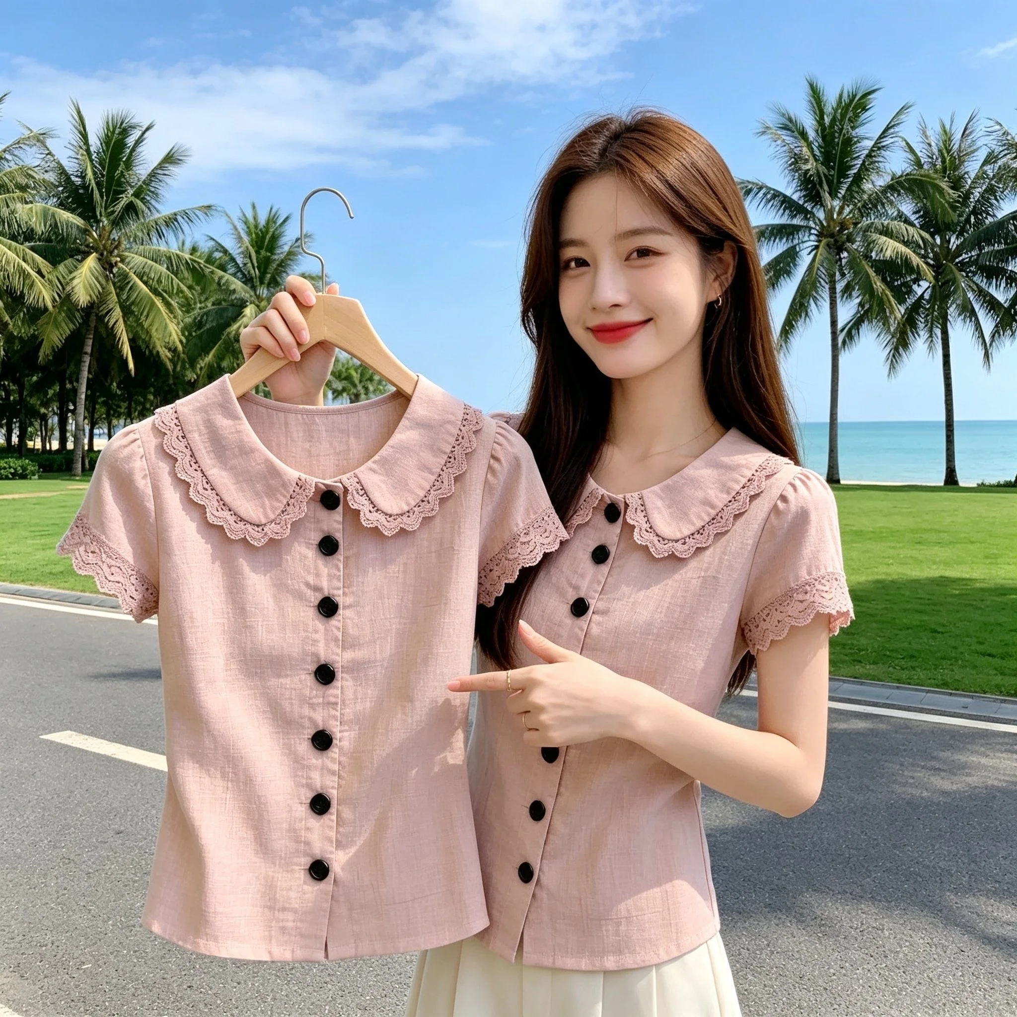 Pink Lace Splice Shirt Women's Fashion Slim Fit Single Button Doll Collar Top Breathable Moisture Wicking Polyester Fiber