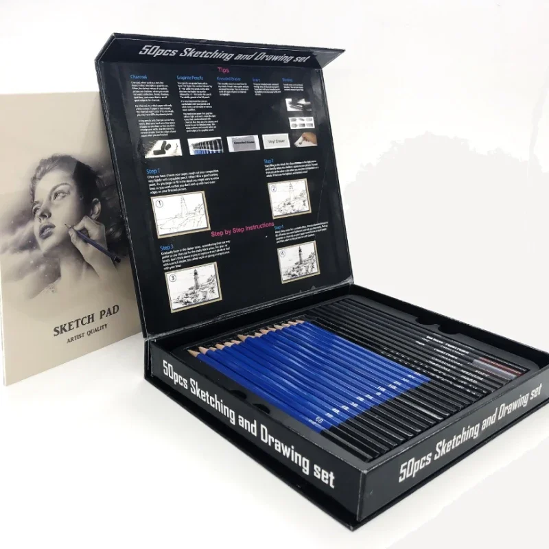 50 قطعة مجموعة أقلام رصاص رسم قلم رصاص خشبي الفنان المبتدئين المهنية رسم الجرافيت الفحم قلم رصاص ممحاة رسم عدة