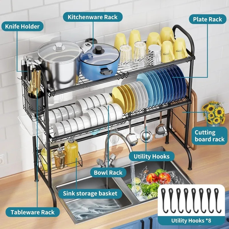 Over The Sink Dish Drying Rack, 3-Tier Stainless Steel Large Over The Sink Dish Rack with Utensil Holder Dish Drainers fo