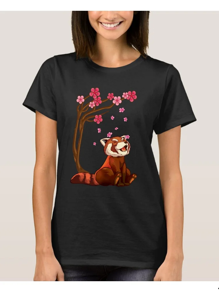 FLC Trend Cotton Sakura Red Panda Cherry Blossom Japans Favorite Flower Women T Shirt Casual Unisex Tops Graphic Female T Shirt