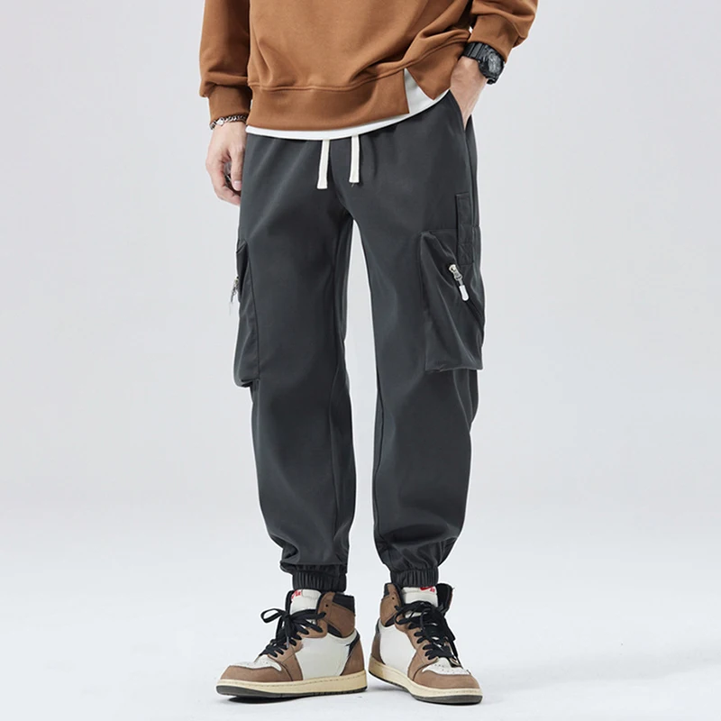 Nowe spodnie cargo męskie z dużymi kieszeniami i zamkiem błyskawicznym, idealne na wiosnę i jesień, do wspinaczki, pieszych wędrówek, spodnie typu harem, ze sznurkiem, dopasowane, krótkie spodnie męskie.