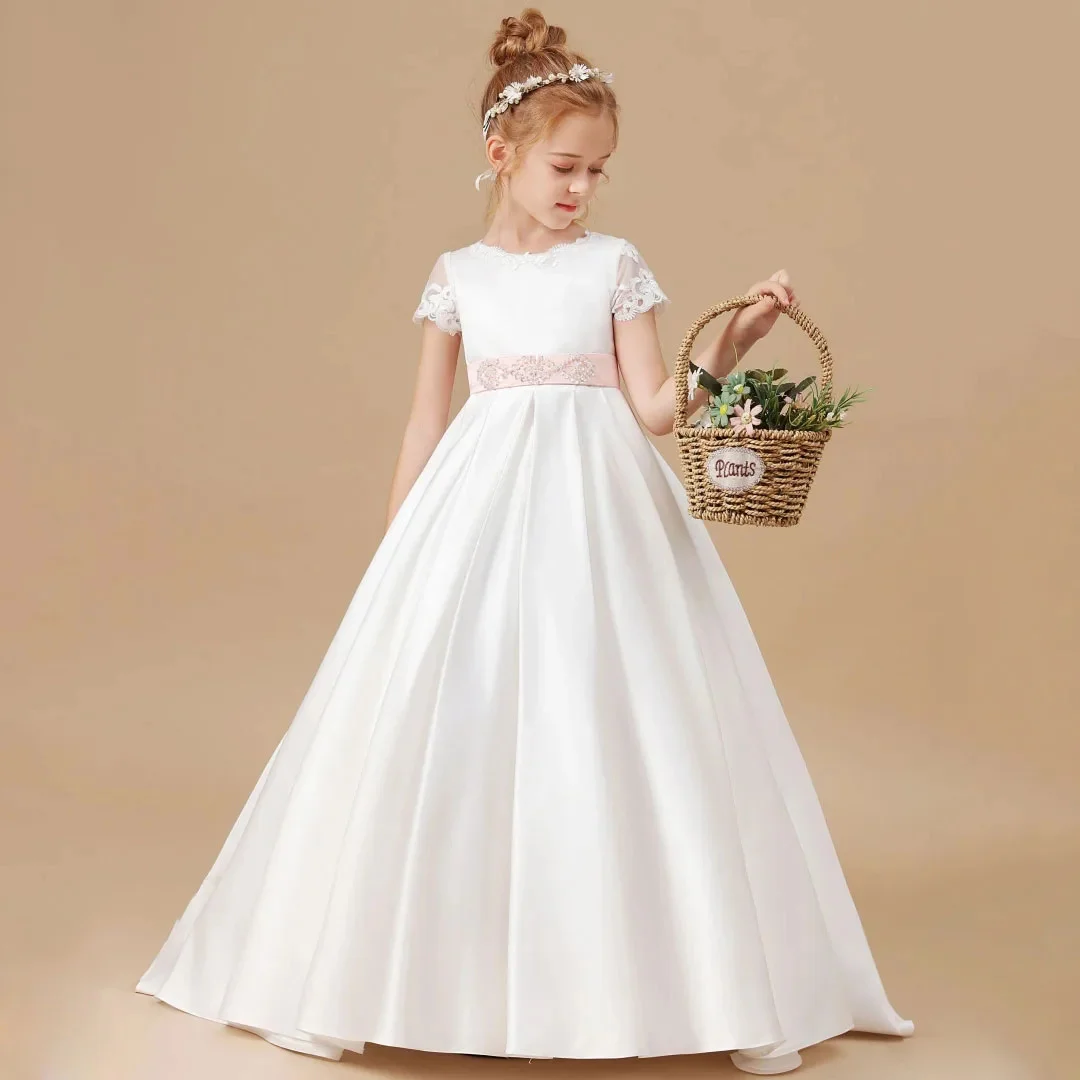 فساتين فتاة الزهور المخصصة مزينة بالساتان الأبيض مع فيونكة وأكمام طويلة لحفلات الزفاف وأعياد الميلاد والمناولة المقدسة #5