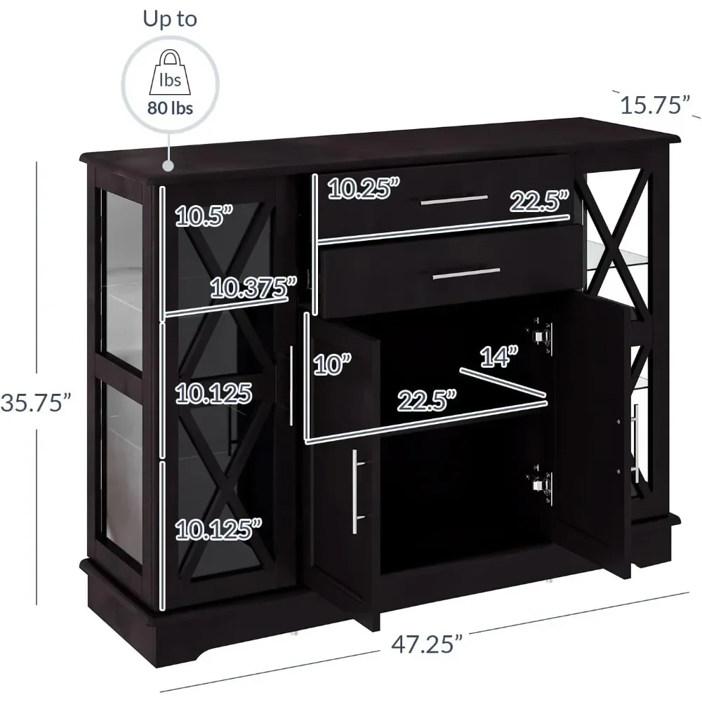 Sideboard Buffet Cabinet with 2 Drawer, 2 Storage Cabiners, Glass Display Cabinet for Livingroom, Dining Room, Kitchen, Cabiners