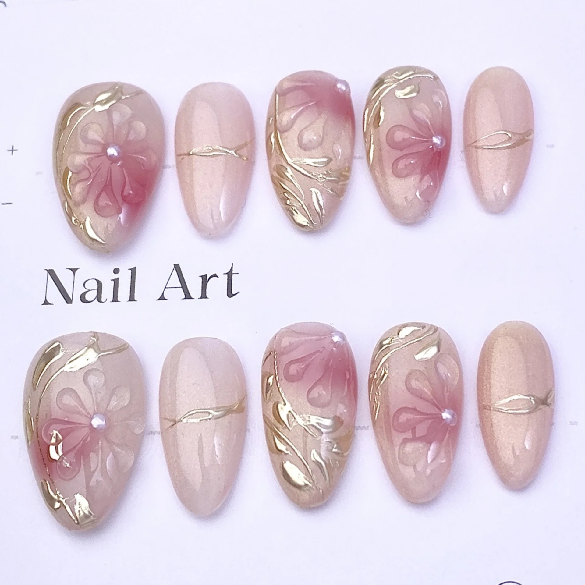 10 stuks korte amandel handgemaakte nepnagels sets afneembare 3D schelp stok op nageltips met parelontwerp druk op kunstnagels kunst