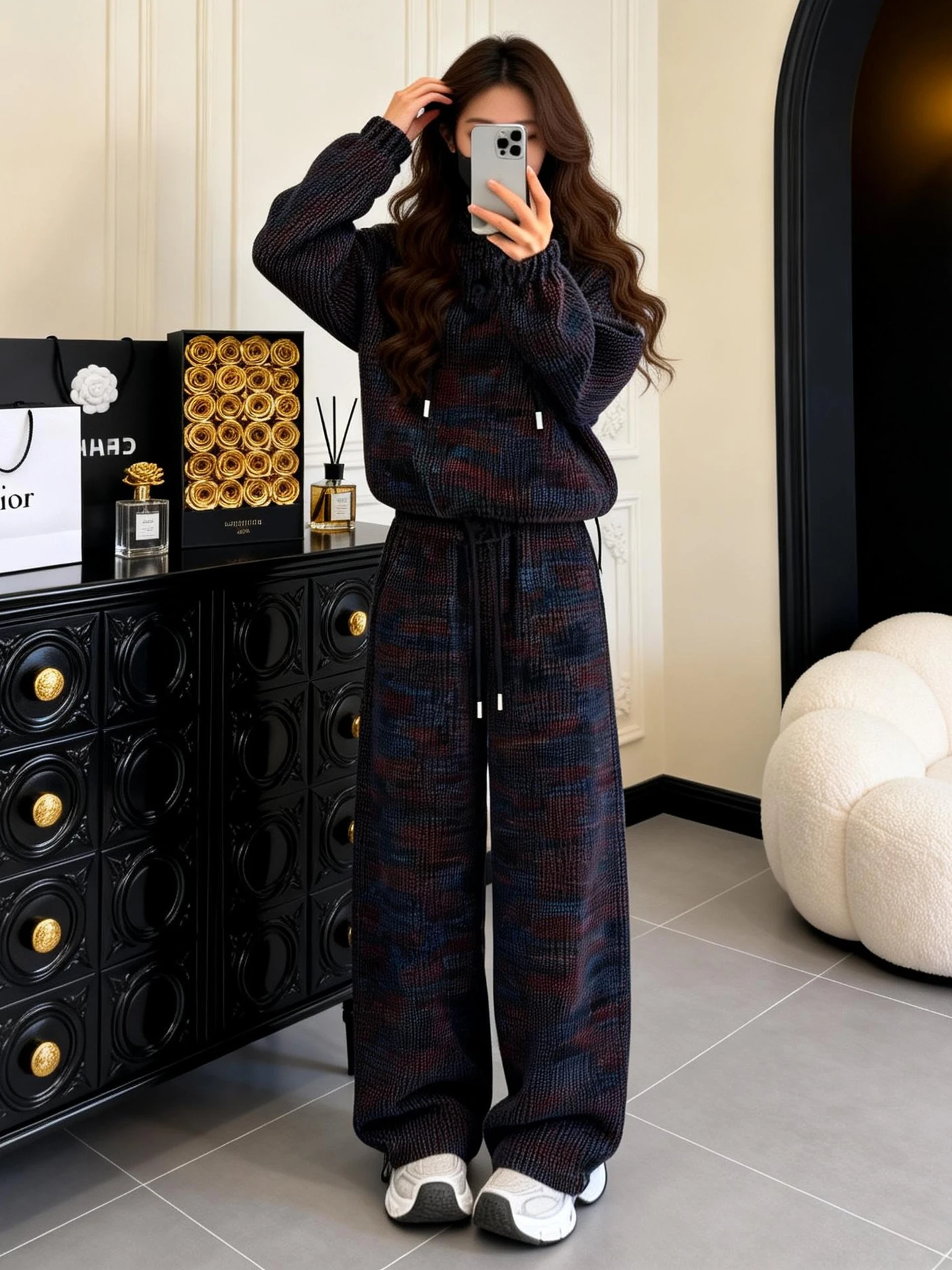 

Winter New Color Block Hoodie Jacket Women's Drawstring Design Waist Cinching Wide Leg Pants Two Piece Set Fashionable Casual...