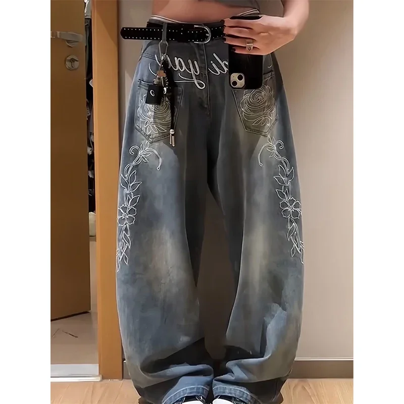 

Autumn 2025 Vintage Floral Embroidery Y2k Blue Baggy Jeans Women Streetwear High Waist Denim Pants Loose Wide Leg Trousers