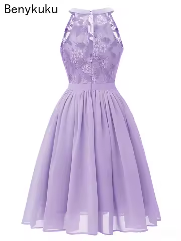 Sweet Lilac Lace Chiffon Pleated Dress Elegant High Waist Women Midi Dresses 2026 Summer Sleeveless Vintage Evening Party Dress