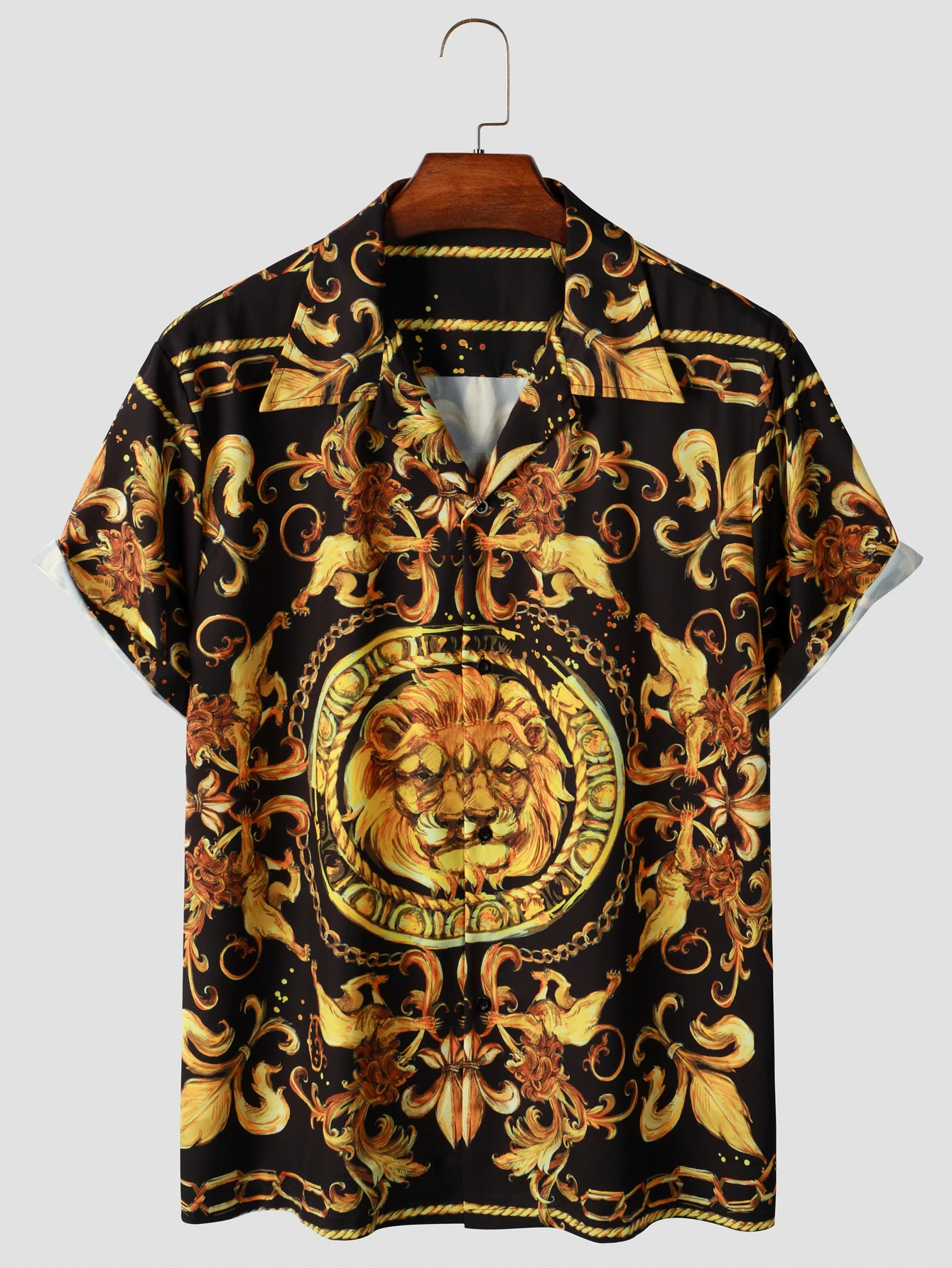 Retro Baroque Lion Print Men\'s Camp Collar Bowling Shirt - Short Sleeve Hawaiian Shirt for Daily Wear, Vacation, and Beach Resor