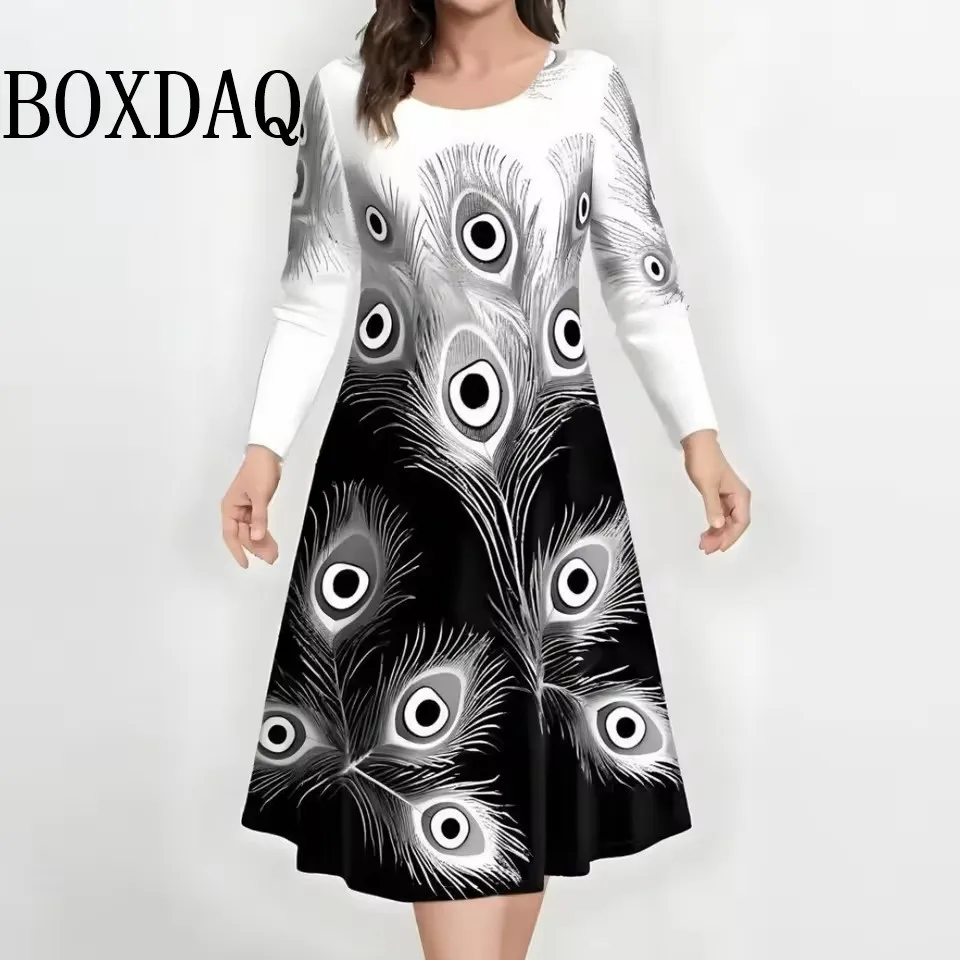 Elegant Plus Size Feather Print Dress - alternate angle