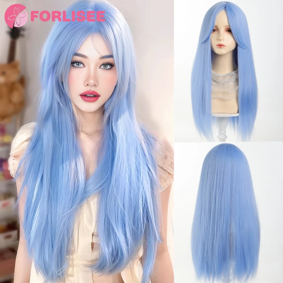 FORLISEE peluca sintética larga y recta de Lolita con flequillo para niña, peluca bonita ombré azul glaciar para fiesta de Cosplay, peluca Harajuku para Halloween