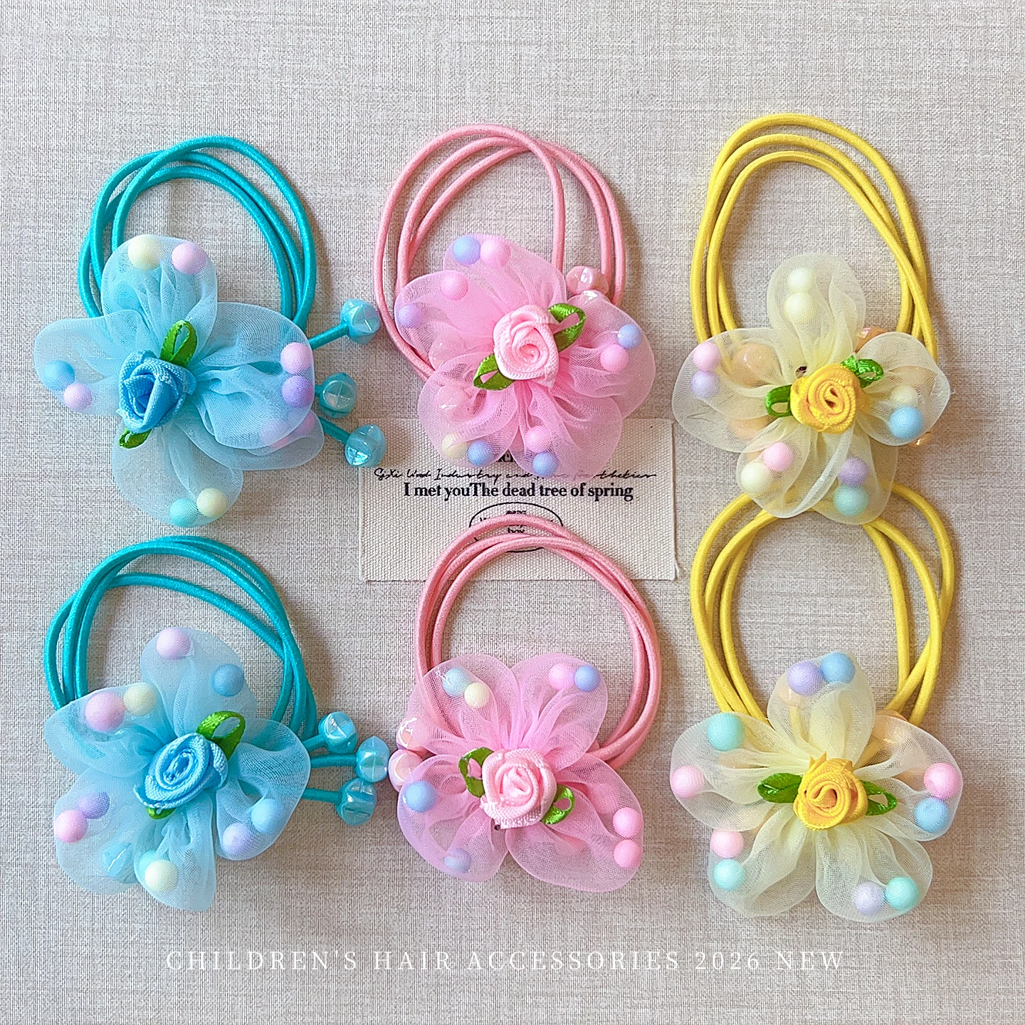 2026 Neue Süße Makronen-Farbige Blumen-Haargummis für Mädchen und Frauen Organza-Tüll-Stoff Rosen-Elastikband Accessoires – Detail 5