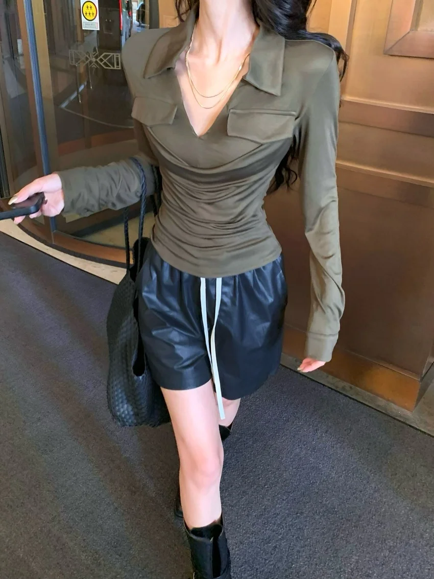 

Alien Kitty, осенние лоскутные футболки с v-образным вырезом, женские новые тонкие футболки с длинными рукавами, 2025 шт., шикарные повседневные однотонные минималистичные футболки для уличного кемпинга