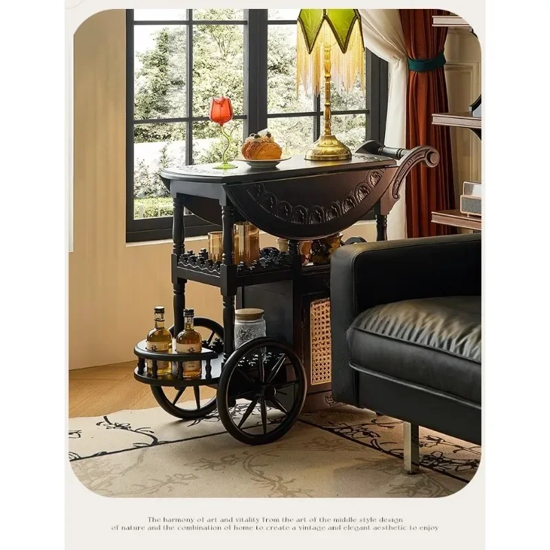 

French retro solid wood folding coffee table black mobile dining car