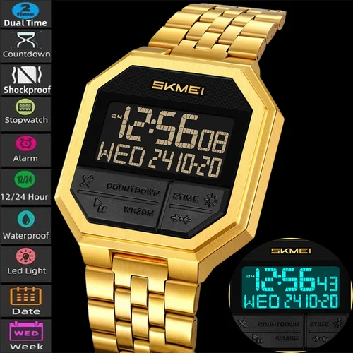 Relojes digitales Skmei con correa de acero de lujo para hombre con luz LED 50M resistente al agua deportes de moda doble horario con despertador