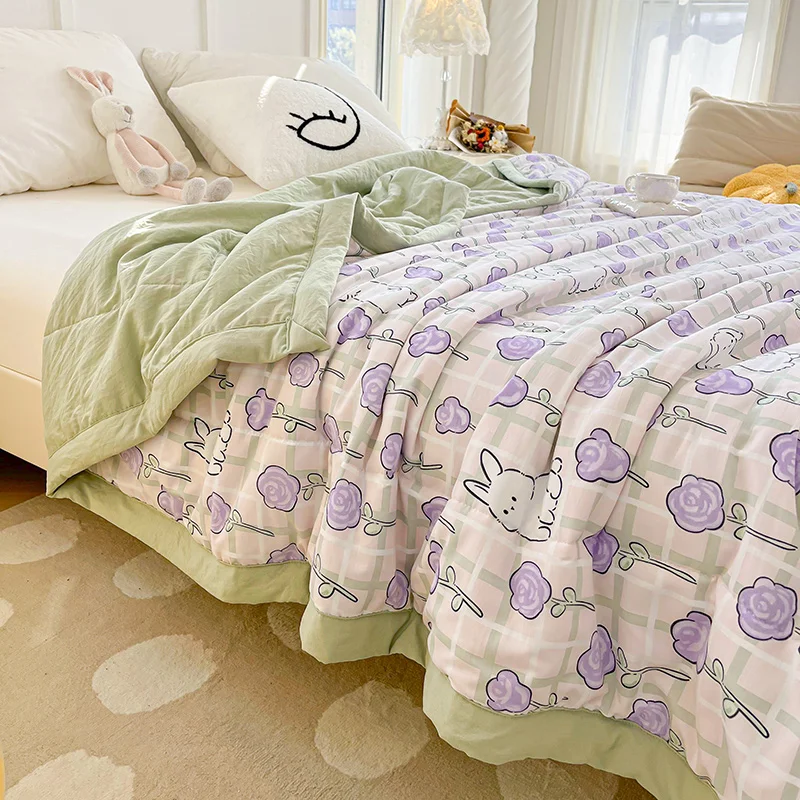 

Summer Blanket Breathable Sofa Office Print Quilts Air Condition Quilt Thin Comforter Washed Cotton Antibacterial Soybean Quilt