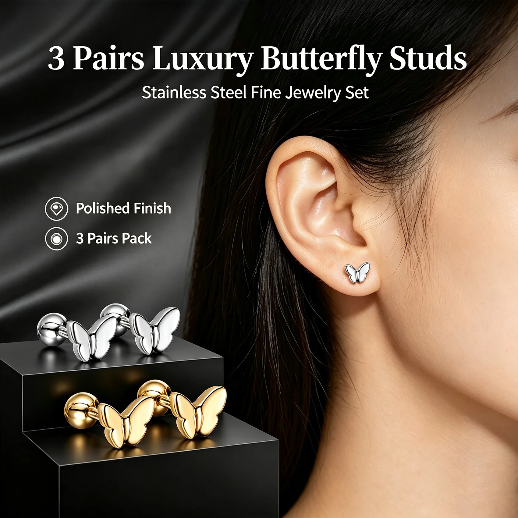 Wholesale 3Pairs Tiny Butterfly Stud Earrings Stainless Steel Screw Back Anti Allergy Piercing Jewelry Bulk For Resellers