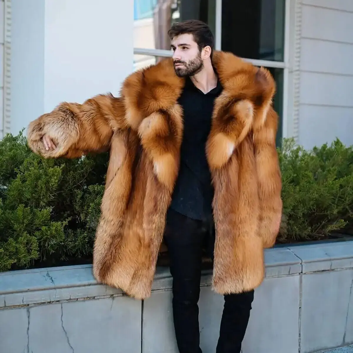 Luxury Men Winter Real Red Fox Fur Coat Shawl Collar Jacket Outwear Fashion Warm Natural Fox Fur Thick Overcoat