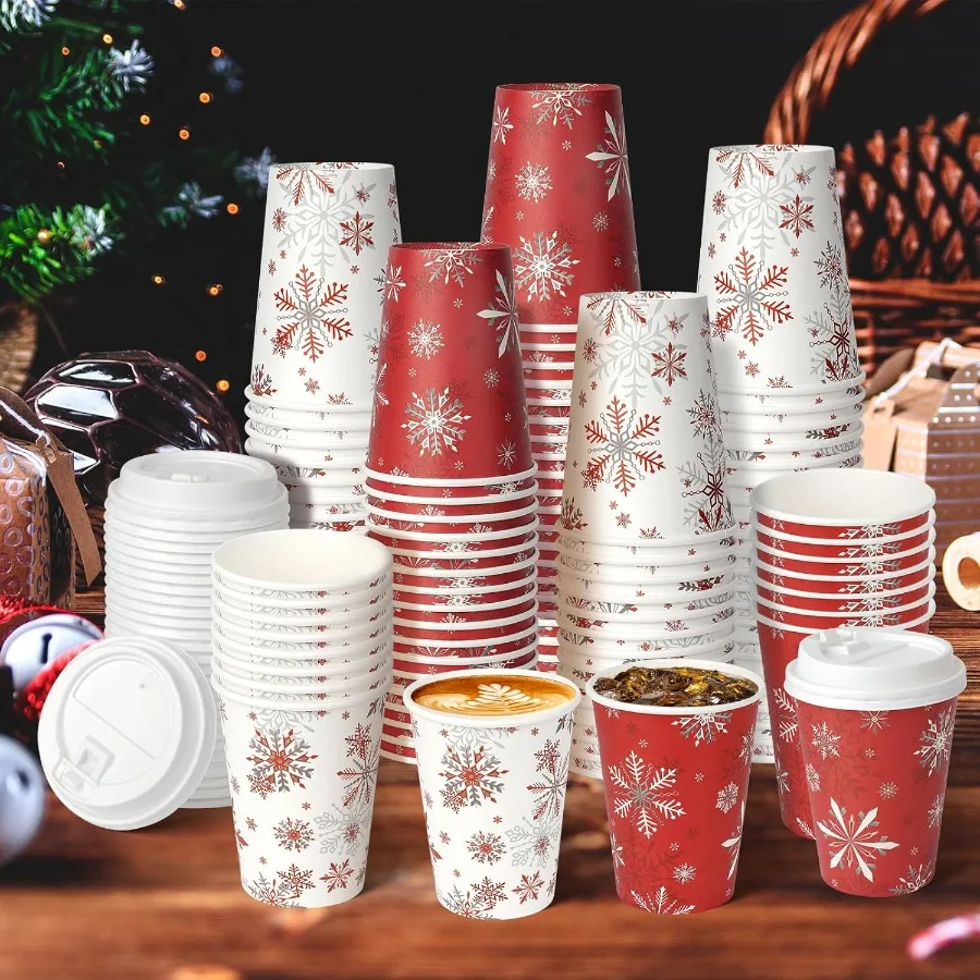 100Set Christmas Paper Cups with Lids 12oz Bulk Disposable Winter Red Snowflake Cups for Hot Chocolate Cold Drinks Ideal Holida