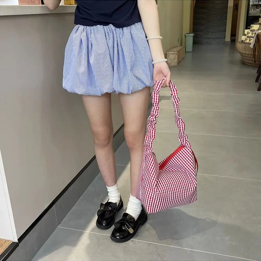 

Sweet Y2k Plaid Shoulder Bag Drawstring Pleated Canvas Crossbody Bag Shoulder Strap Ruffles Underarm Bag Daily