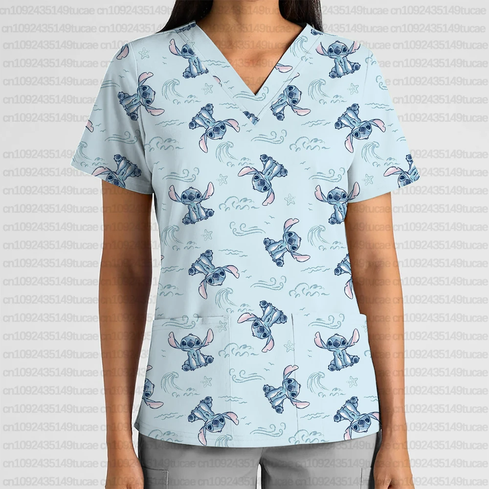 Uniforme de enfermeira de viajante feminino disney ponto dos desenhos animados uniforme de enfermeira impresso com decote em v bolso esfrega topo dental salão de beleza camiseta