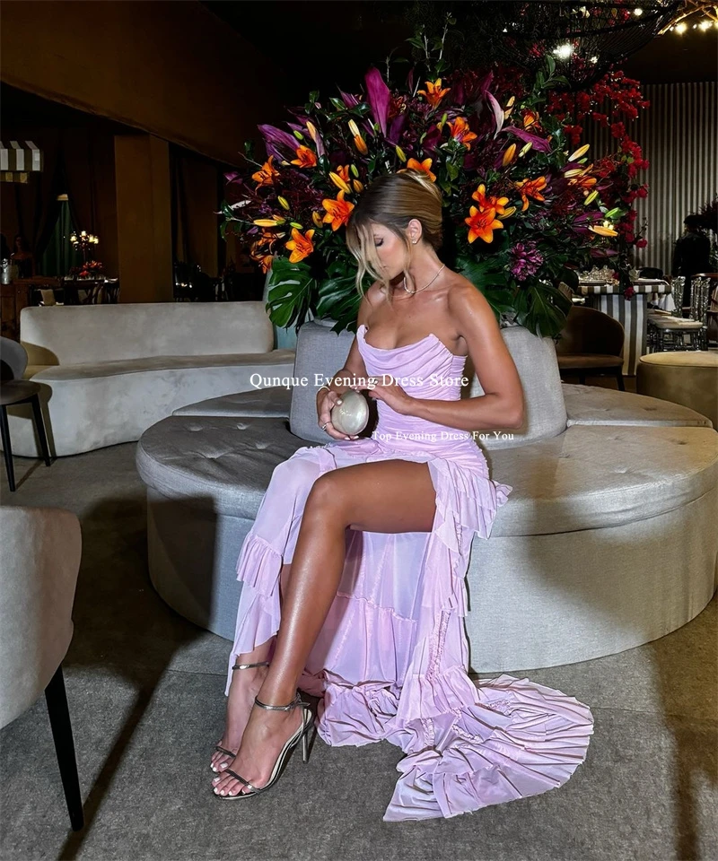Qunque Chiffon Mermaid Evening Dresses Sexy Slit Tiered Pleat Prom Party Dress Customized Pink Vestidos Para Mujer Prom Gowns