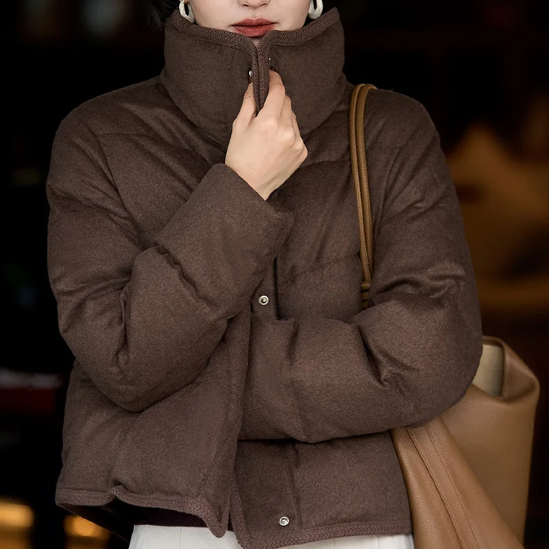 Women's Lyocell Wool Down Jacket, 90% White Goose Down, Stand Collar, Winter Style, Luxury