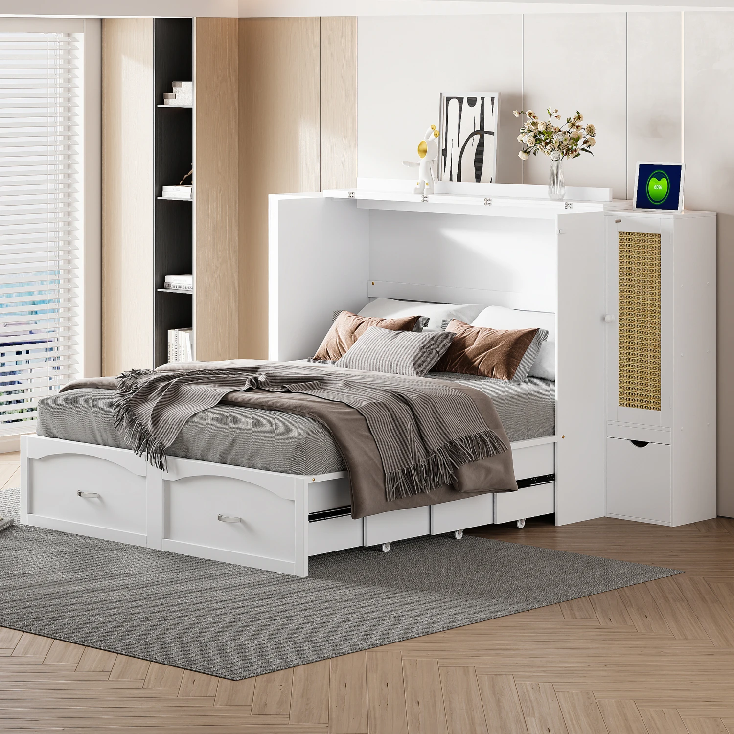 Queen Size Murphy Bed Wall Bed with Drawer, Rattan Decoration, 2 Storage Cabinets, Sockets & USB Ports, Pulley Design - White