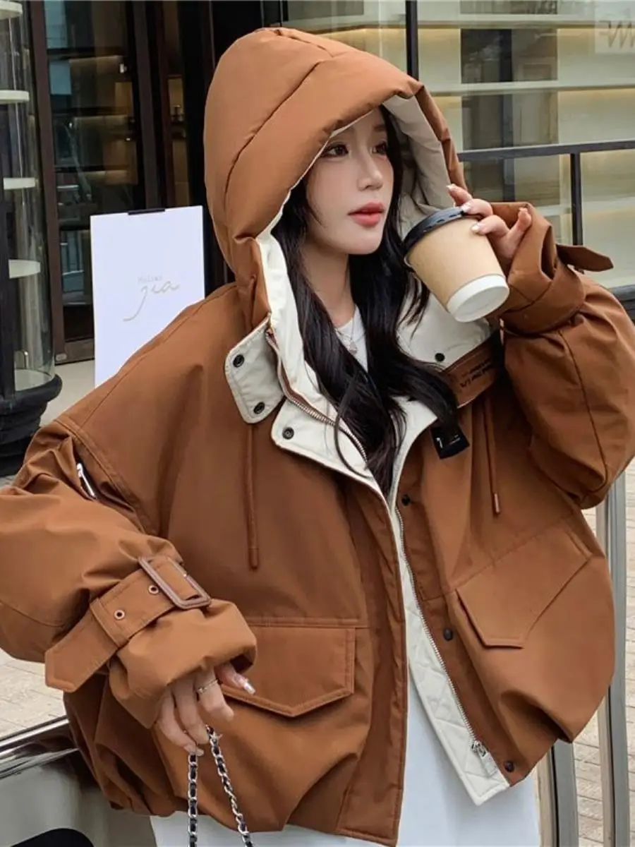 Cel Brown Cotton Gefüttert Thiened Jaet Damen Kleine Größe Winter Neuer lockerer Baumwollmantel Trenchcoat Sle Abnehmbare Kapuze