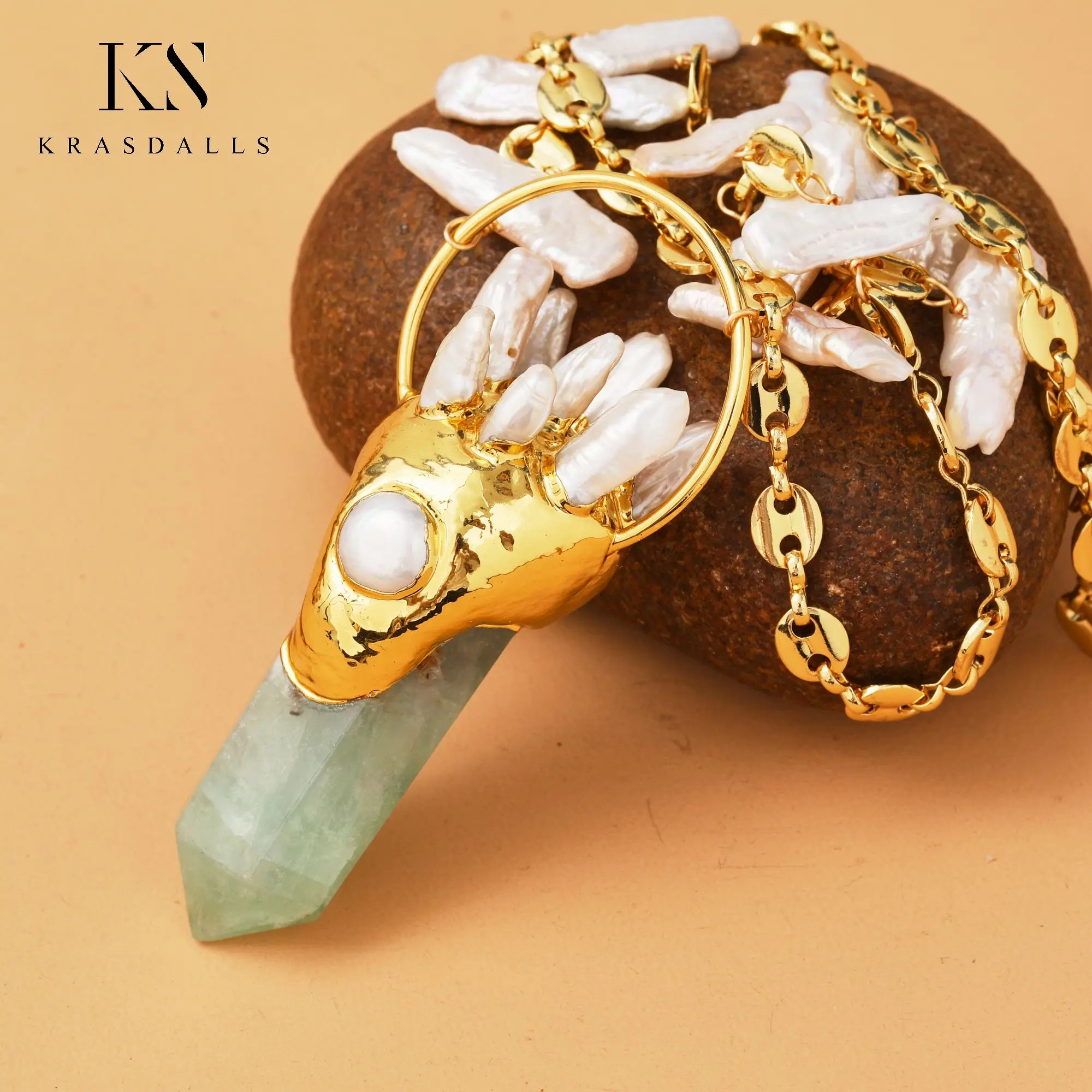 Natural Green Fluorite Pendant Healing White Biwa Pearl Bead Gold Plated Necklace Wedding Jewelry Gift