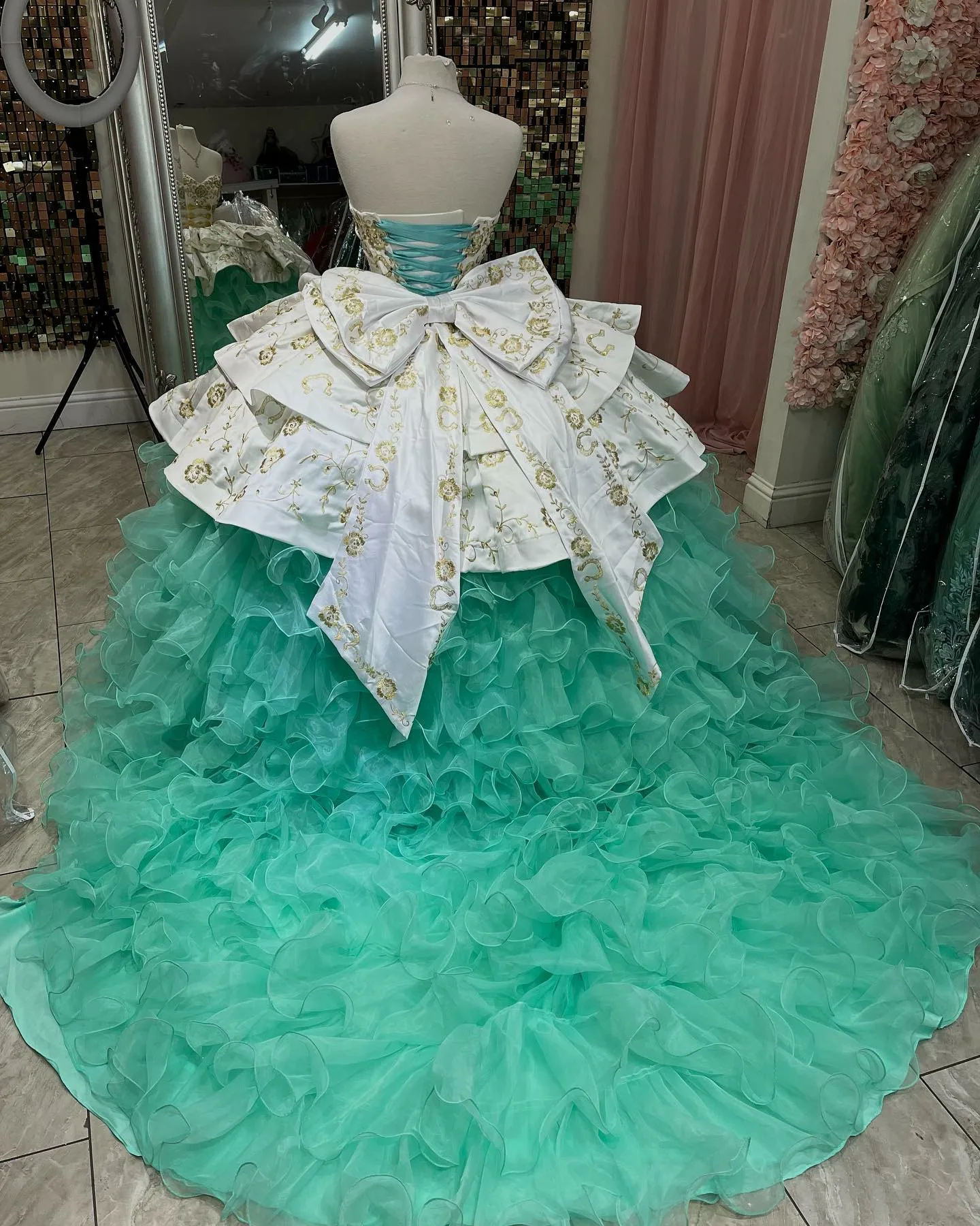 Contrast Color White and Mint Ruffles Charro Quinceanera Dress with Gold Embroidery and Buttons Big Bow Ball Gown Sweet 16 Dress