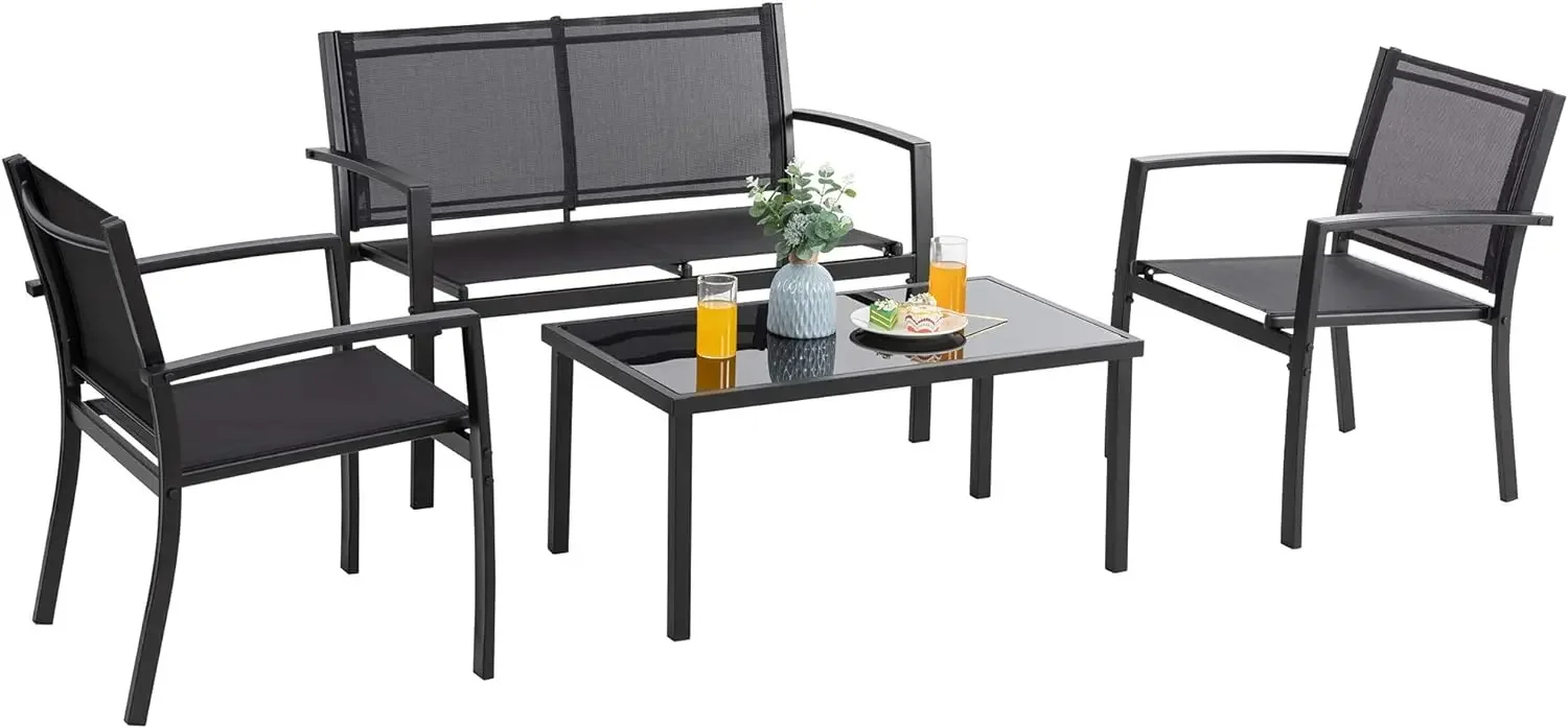 Set furnitur teras 4 buah, Textilene logam Modern kecil set percakapan furnitur luar ruangan, halaman rumput taman beranda balkon jala