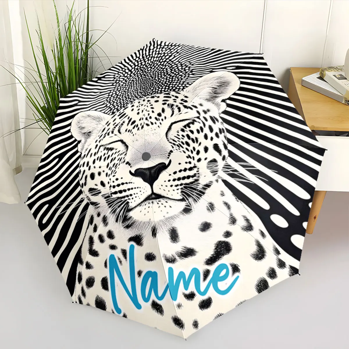 Custom Name Umbrella Striking Umbrella with Leopard Art Design Print 8 Iron Ribs Folding Umbrella Auto-Open Fashion Sunshade